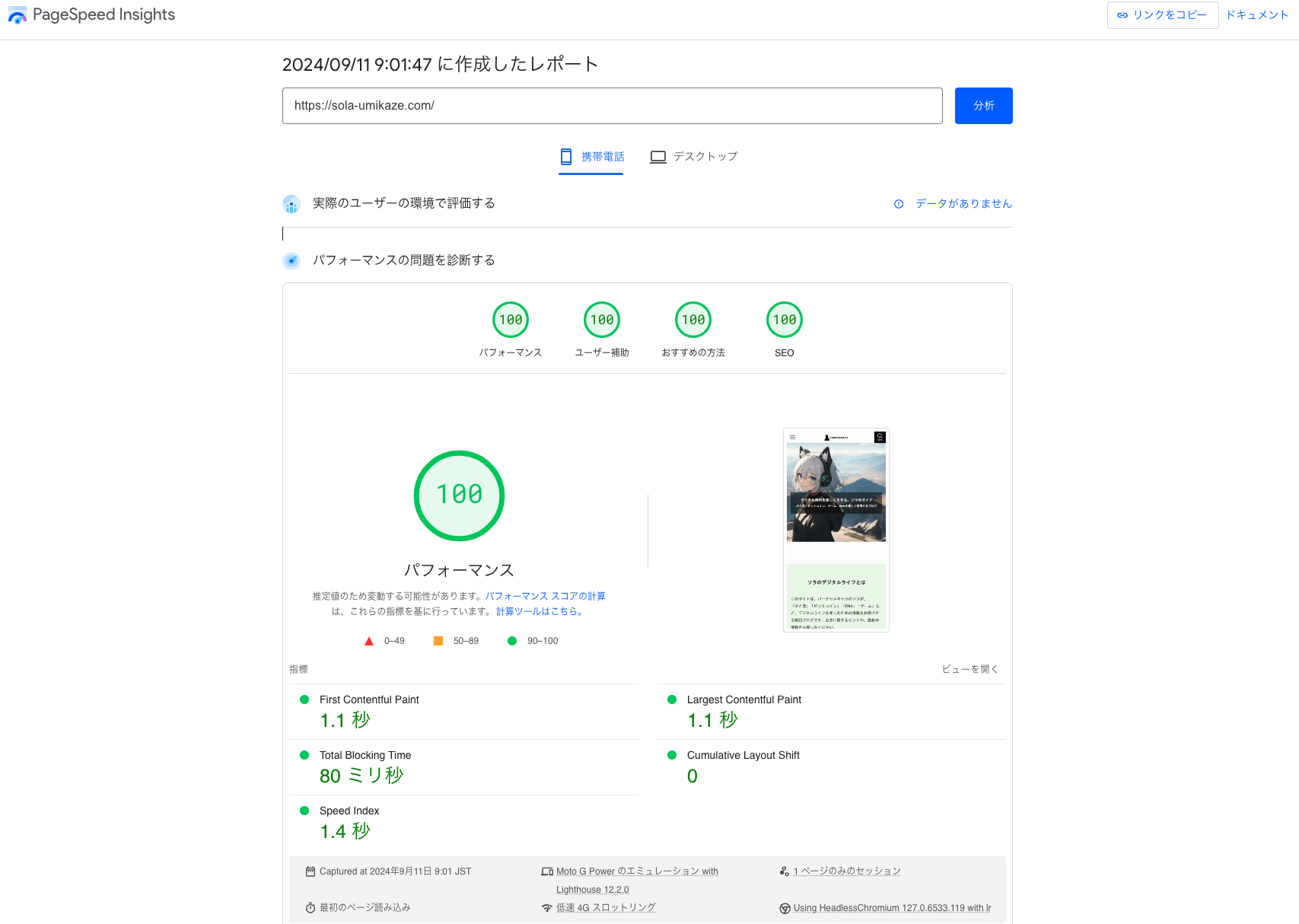 ソラのデジタルライフ pageSpeedInsightのモバイルスコアALL100点